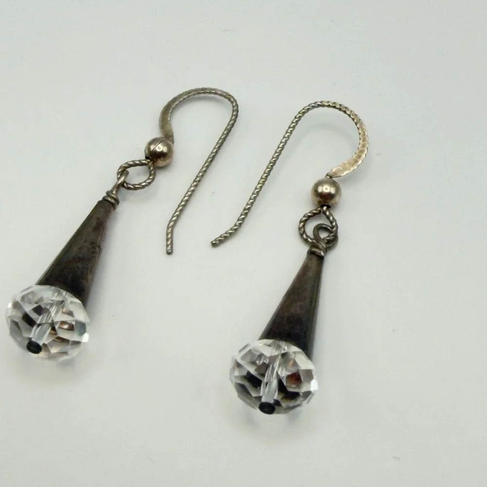 Vtg Art Deco Sterling Silver Clear Cut Crystal Drop Earrings hook faceted ends